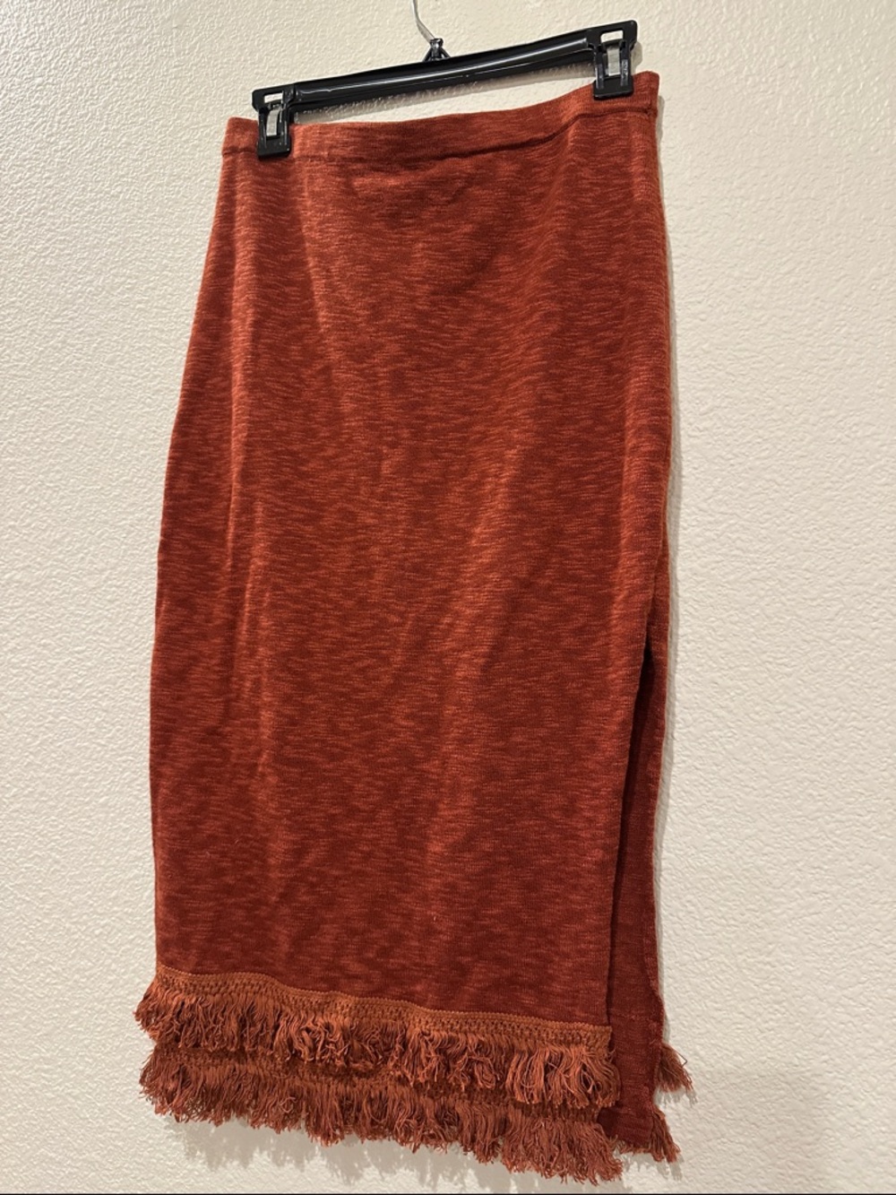Lush Rust Fringe Hem Midi Skirt Medium | Boho Knit w/ Side Slit